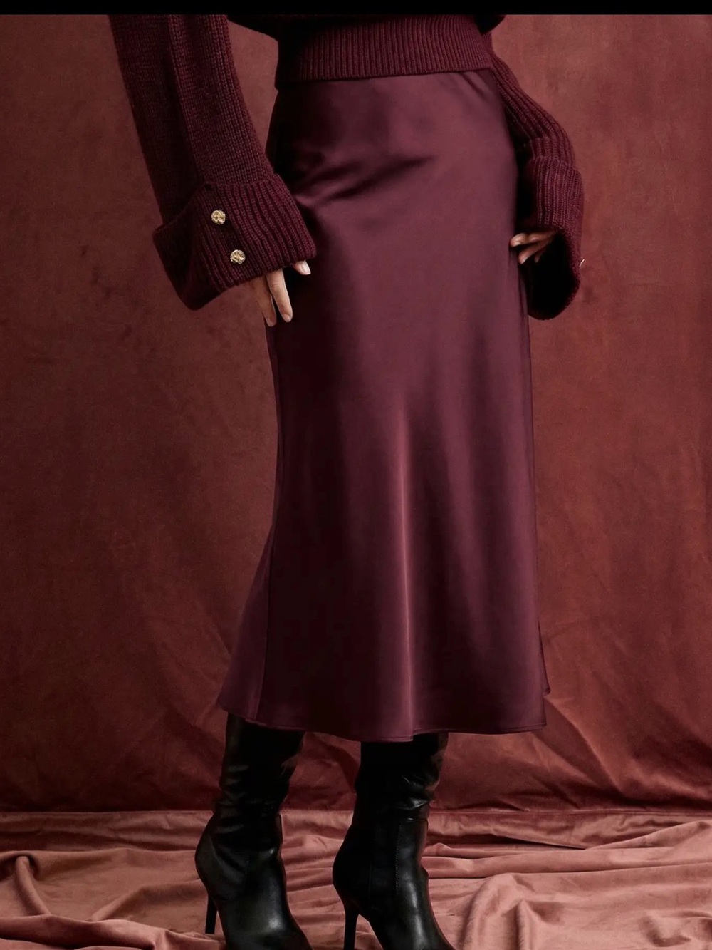 Cider Satin Maxi Skirt in Burgundy